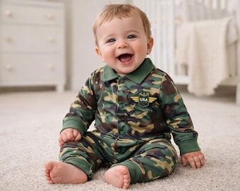 Kombinezon niemowlęcy w kamuflażu wojskowym, kombinezon niemowlęcy w kamuflażu, unisexowy kombinezon dla noworodka