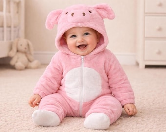 Kombinezon w kształcie świnki, miękki pluszowy różowy kombinezon z kapturem, strój do zdjęć zwierząt dla niemowląt
