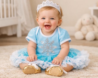 Zestaw kostiumu księżniczki dla niemowląt, niebieskie body z płatkami śniegu i tutu z tiarą, strój do zdjęć dla niemowląt