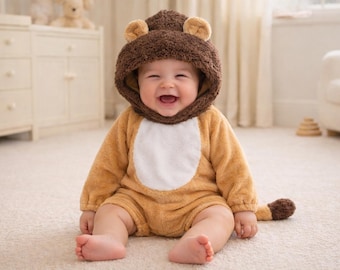 Kombinezon w kształcie lwa, pluszowy kaptur z ogonem, kombinezon do zdjęć dla niemowląt