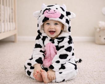 Kombinezon w kształcie krowy, pluszowy kombinezon z kapturem, kombinezon dla niemowląt do zdjęć