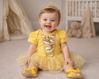 Strój księżniczki dla dziecka, żółty tutu ze złotą koroną, strój do zdjęć na imprezę dla niemowląt