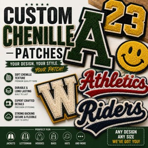 May include: A collection of custom chenille patches featuring various designs including the letter A in green, the number 23 in yellow, a yellow smiley face, and the words Athletics and Riders in red and navy blue, all with a soft textured finish.