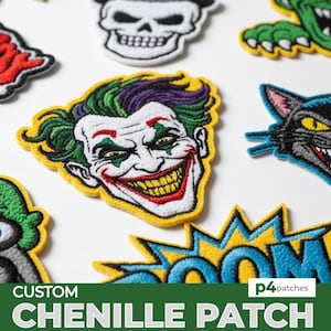 May include: A collection of colorful chenille patches featuring various designs. The patches include a skull, a green monster, a cat, and a Joker face. The patches are on a white background. The bottom of the image has the text "CUSTOM CHENILLE PATCH".