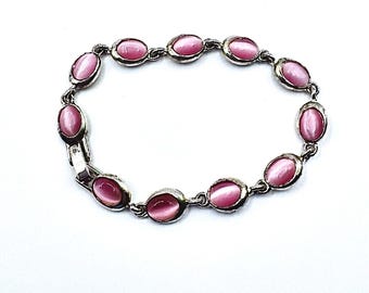 Vintage Pink Cats Eye Bracelet Silver Tone Oval Link Bracelet 7.25 Inch