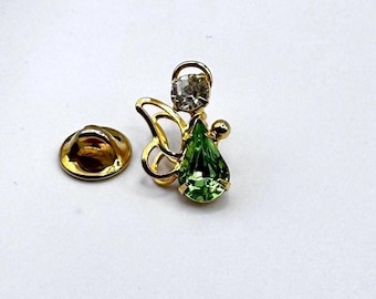 Vintage 1980s Gold Tone Rhinestone Angel Pin Green Crystal Guardian Angel Brooch