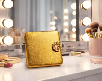 Vintage Avon Gold Powder Compact Mirror | Rhinestone Floral Clasp | Mid Century Vanity Makeup Compact