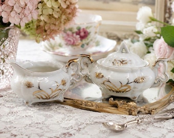 Vintage Lefton China Hand Painted Creamer & Covered Sugar Bowl Gold Trim Japan