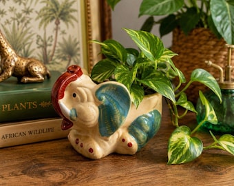 Vintage Ceramic Elephant Planter Blue Ears Red Trunk Figural Pottery Planter 6