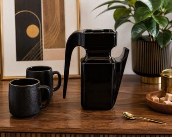 Vintage Japanese Black Stoneware Coffee Pot Teapot Mid Century Modern Geometric