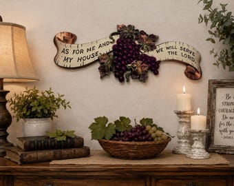Vintage Cast Metal Grapes Wall Plaque: Serve The Lord Scripture