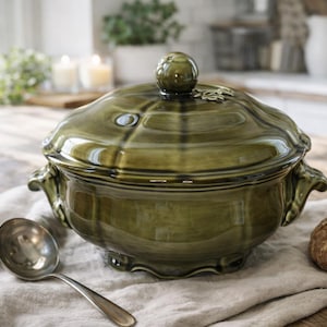 May include: A green ceramic soup tureen with a lid and handles, resting on a linen cloth. A silver spoon is next to the tureen, and a loaf of bread is in the background. The tureen has a decorative knob on top.