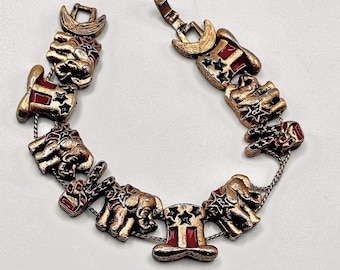 Vintage Patriotic Republican Charm Bracelet Elephants Uncle Sam Hats Peace Signs