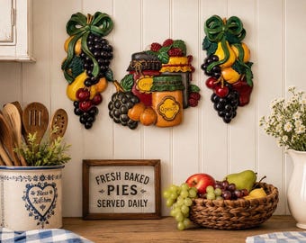 Vintage Burwood Fruit & Jam Wall Plaque Set 3 Grapes Raspberry, Apricot 1995 USA