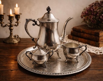 Vintage Leonard Silverplate Tea Set, 4 Pc w/ Tray, Footed Teapot, Creamer, Sugar Bowl