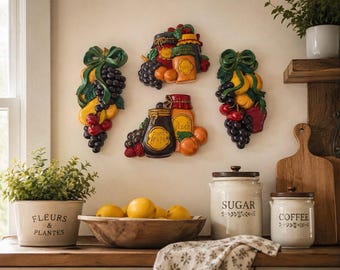 Vintage Burwood Fruit & Jam Wall Plaque Set 4 Grapes Peach Raspberry 1995 USA