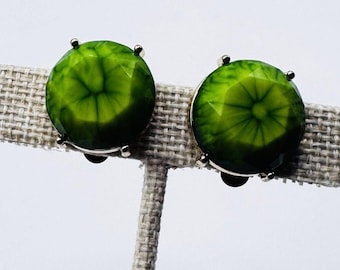 Vintage Green Faceted Clip On Earrings Gold Tone Round Faux Jade Statement