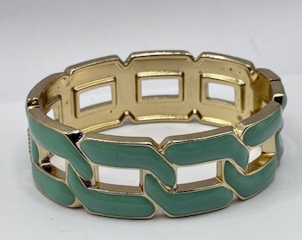 Mint Green Enamel Chain Link Bracelet Gold Tone Spring Hinge Statement Bangle