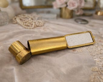 Antique Damascene Lipstick Holder with Mirror | Gold Bird Inlay | Vintage Japanese Cosmetic Case