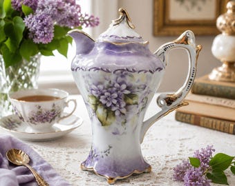 Vintage Style Violet Floral Porcelain Coffee Pot Gold Trim Lavender Tea Pot
