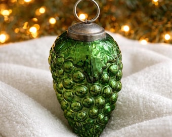 Vintage Emerald Green Mercury Glass Grape Ornament, West German Christmas Decor
