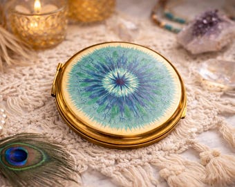 Vintage Stratton Enamel Powder Compact | Made in England | Blue Green Starburst Guilloché Vanity Compact