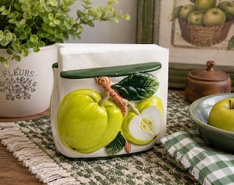 Vintage Ceramic Green Apple Napkin Holder Fruit Kitchen Decor Country Cottage