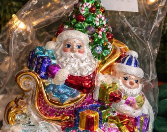 Christopher Radko Santa Sleigh Snowman Polish Glass Christmas ornament, new with tag