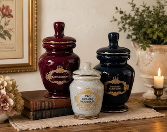 Vintage Apothecary Jar Set 3 Cobalt Burgundy Crackle Ceramic Lidded Canisters