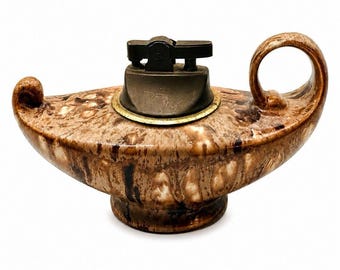 Vintage Table Lighter MCM Ceramic Marble Glaze Refillable Desk Tobacciana