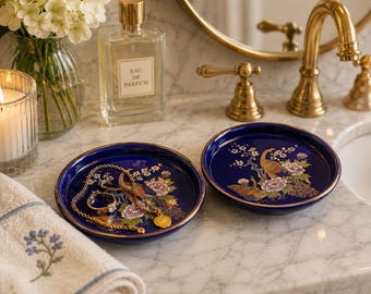 Pair Interpur Cobalt Blue Peacock Floral Trinket Dishes Taiwan Gold Trim 6