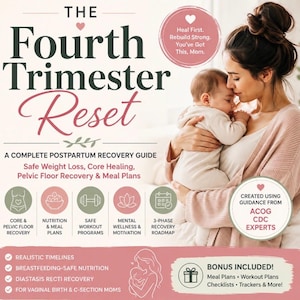 May include: A digital guide titled The Fourth Trimester Reset, A Complete Postpartum Recovery Guide. It features text about core healing, pelvic floor recovery, and meal plans, alongside icons for workouts and wellness, plus a bonus section.