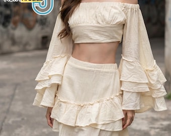 Conjunto con hombros descubiertos / Falda corta de encaje / Ropa de verano / Estilo bohemio playero