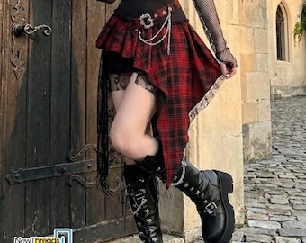 Falda asimétrica gótica a cuadros para mujer / Conjunto punk con volantes de cadena / Estilo Harajuku grunge streetwear