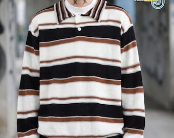 Striped Polo Sweater | Retro Long Sleeve Top | Daily Wear | Y2K Streetwear Style