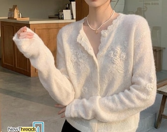 White Flower Cardigan | Long Sleeve Button Top | Korean Chic Style | Minimalist Streetwear
