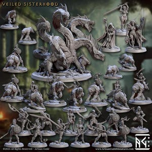 以下が含まれることがあります： グレーのミニチュアフィギュアのコレクション。多頭のヒドラ、戦士、クマのような生き物が含まれています。「VEILED SISTERHOOD」の文字が上部にあります。Artisan Guildのロゴが右下にあります。