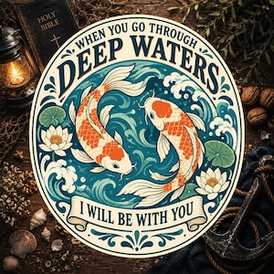 May include: A circular wall sign featuring two orange and white koi fish swimming in blue water with white lotus flowers and green lily pads. The text reads, "WHEN YOU GO THROUGH DEEP WATERS I WILL BE WITH YOU" in dark blue lettering.