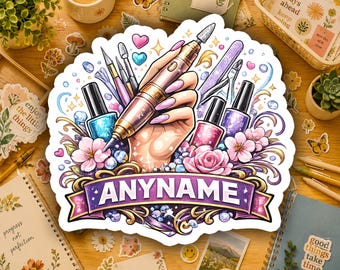 Custom Nail Technician Sticker Personalized Vinyl Decal Waterproof Nail Tech Gift Laptop Water Bottle Salon Nail Artist Name Sticker