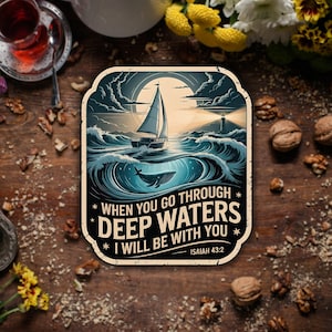 May include: A rectangular sticker with a nautical scene featuring a sailboat, lighthouse, and whale in a stormy sea. The sticker has the text "WHEN YOU GO THROUGH DEEP WATERS I WILL BE WITH YOU" and "ISAIAH 43:2". The sticker is surrounded by a decorative border.