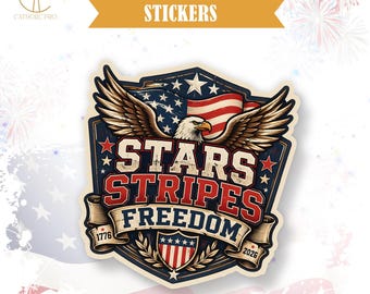 Stars Stripes Freedom Sticker Patriotic Fourth Of July Decor Laptop Water Bottle Tumbler Americana USA Gift Decal