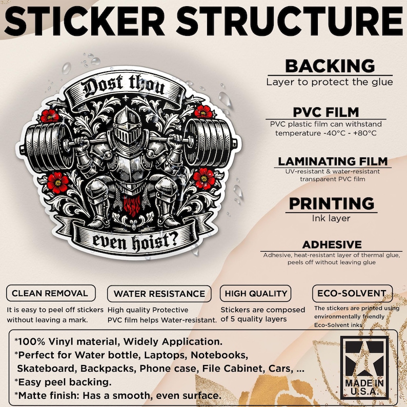 Puede incluir: Una pegatina con un caballero levantando pesas y la frase "Dost thou even hoist?" en una pancarta. Hecha de vinilo, es resistente al agua, f&aacute;cil de despegar y tiene un acabado mate. Fabricada en EE. UU.