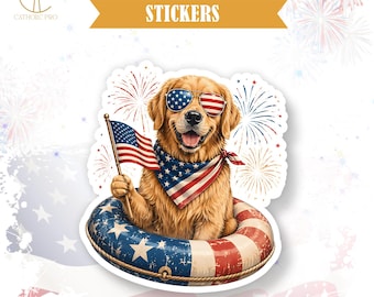 Patriotic Dog With American Flag Sticker Fourth Of July Decor Laptop Water Bottle Tumbler Americana USA Gift Decal