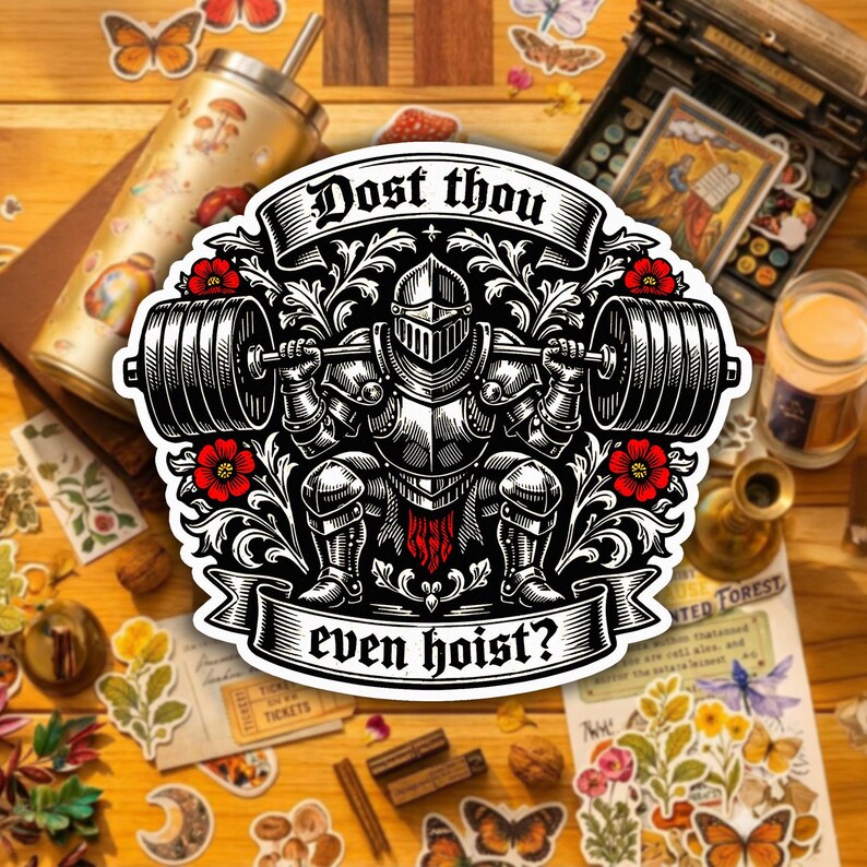 Puede incluir: Una pegatina en blanco y negro que representa a un caballero levantando una barra, con el texto "Dost thou even hoist?". El dise&ntilde;o incluye elementos florales rojos y adornos decorativos. La pegatina est&aacute; rodeada de otros elementos decorativos.