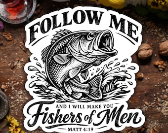Sígueme y te haré pescador de hombres. Pegatina de vinilo con la palabra Fe. Religiosa. Impermeable. Para portátil o botella de agua. Versículo bíblico. Escritura cristiana.