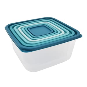 May include: A white square food storage container with a teal-colored lid. The lid has a nested design with multiple square containers in shades of teal and blue. The container is designed for food storage.