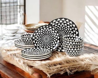 12Pcs Medallion Ceramic Dinnerware Set for 4, Durable High Quality Stoneware Plates & Bowls Set, Metallic Accents Dining Set, Microwave Safe