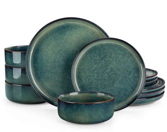 12 Piece Premium Stoneware Dinnerware Set for 4 | Classic Curved Edge Stackable Scratch Resist Glaze Dining Set | Gift for Wedding, Birthday