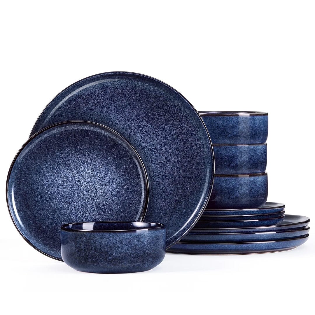 12 Piece Stoneware Dinnerware Sets Service for 4 - Plates & Bowls Set Glaze Dish Set for Kitchen Scratch Resistant Microwave Dishwasher Safe - Cream Khaki