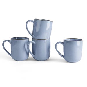 May include: Four light blue ceramic mugs with rounded bodies and curved handles. The mugs are stacked in a group of three and one mug is separate. Each mug has a gold rim.